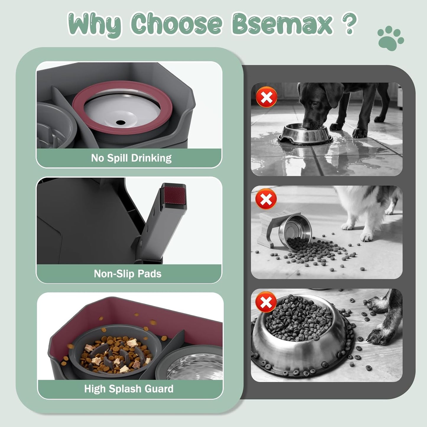 4 in 1 Adjustable Elevated Dog Bowls with 2*Stainless Steel Bowls, Anti-Spill Water Bowl, 4 Heights Raised Dog Bowl Stand for Small to Medium & Growing Large Puppies, Anti-Slip, Mess Proof Design
