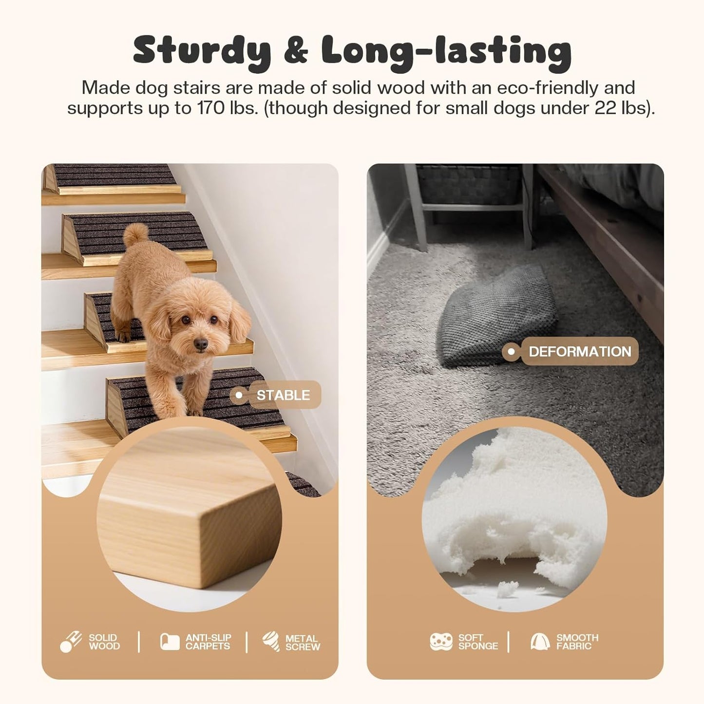 4-Pack Wooden Dog Ramp for Stairs, Anti-Slip Pet Steps for Small Dogs with Carpet Surface, Low-Angled Pet Ramps for Staircase, Steps and Stairs Assist for Injured & Aged Pets, Stairs Ramp for Dogs