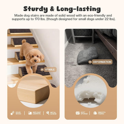 4-Pack Wooden Dog Ramp for Stairs, Anti-Slip Pet Steps for Small Dogs with Carpet Surface, Low-Angled Pet Ramps for Staircase, Steps and Stairs Assist for Injured & Aged Pets, Stairs Ramp for Dogs