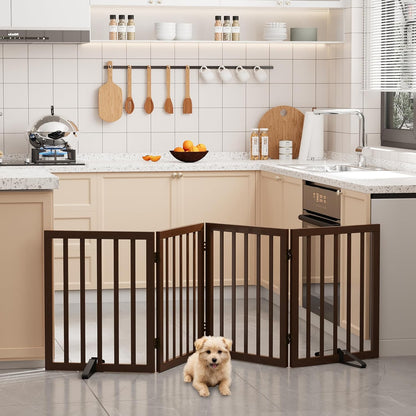 Freestanding Dog Gates Indoor, 3-Panel Pet Gates with 2 Metal Stands and 360° Hinge, 24" H Foldable Dog Gate for Stairs, Doorway, Kitchen, Expands Up to 55" Fully Assembled - Black Walnut