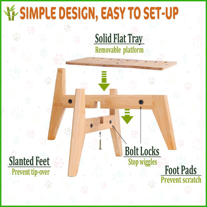 Dog Bowl Stand (14-inch High) - Ideal for Large Breeds, Use to Elevate, Raise Pet Dishes, Water Fountains and Slow Feeders - Adjustable Sideways, Bamboo - (Bowls not Included)