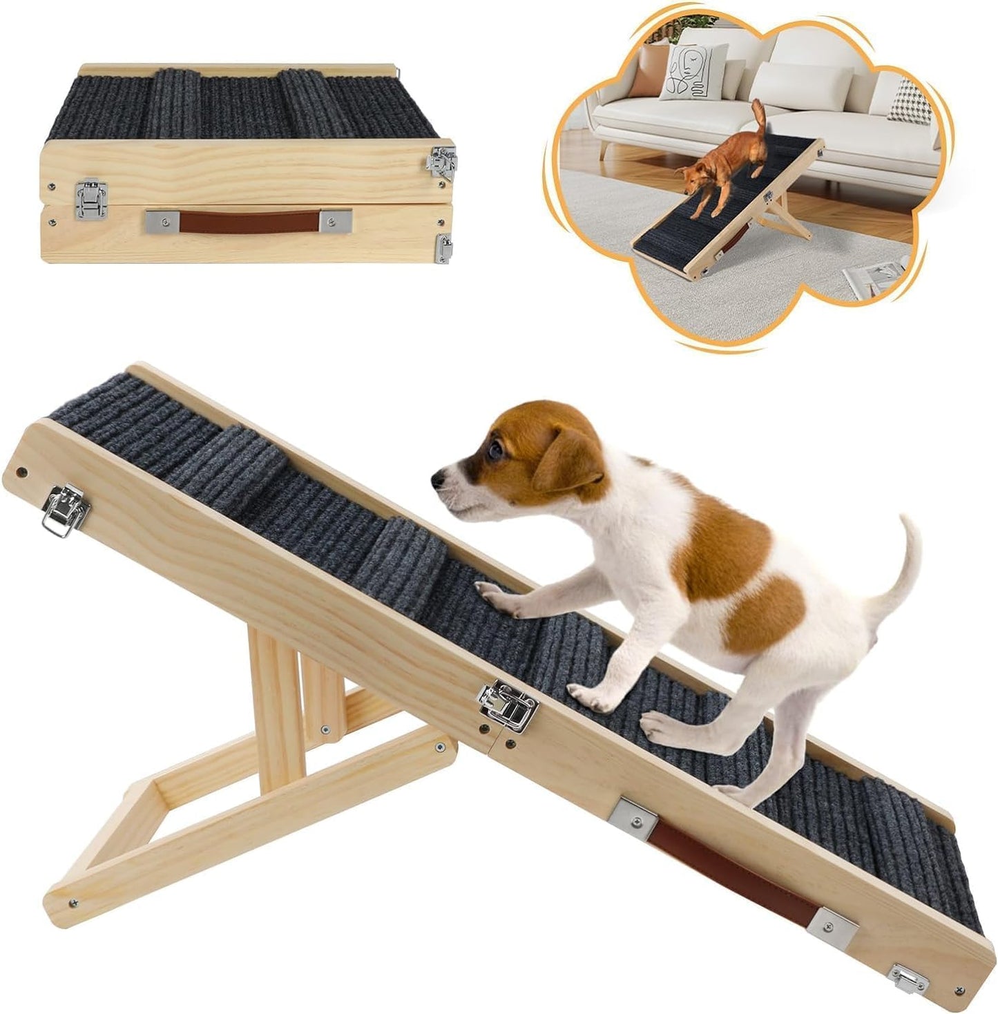 Wooden Adjustable Dog Ramp for Small Dogs, Folding Portable Doggie Ramp Rated for 55 LBS Adjustable 8.3"-17.3" Dog Ramp for Bed with Non-Slip Traction Mat