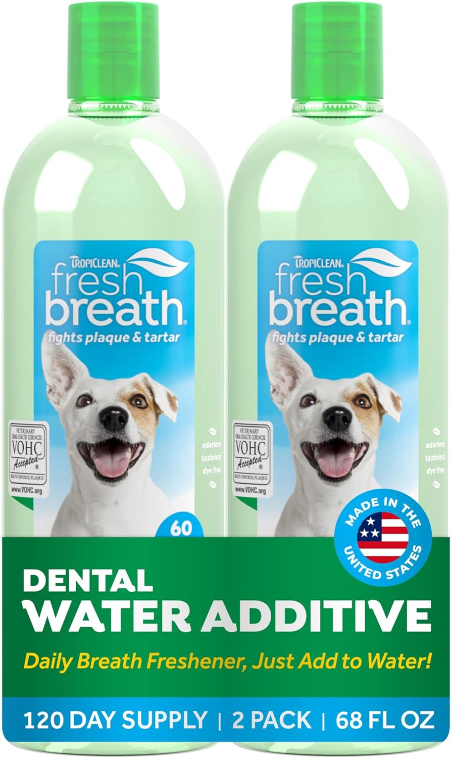 TropiClean Fresh Breath Water Additive for Dogs, Dog Breath Freshener and Teeth Cleaning Solution, No Toothpaste or Toothbrush Required, 16oz.