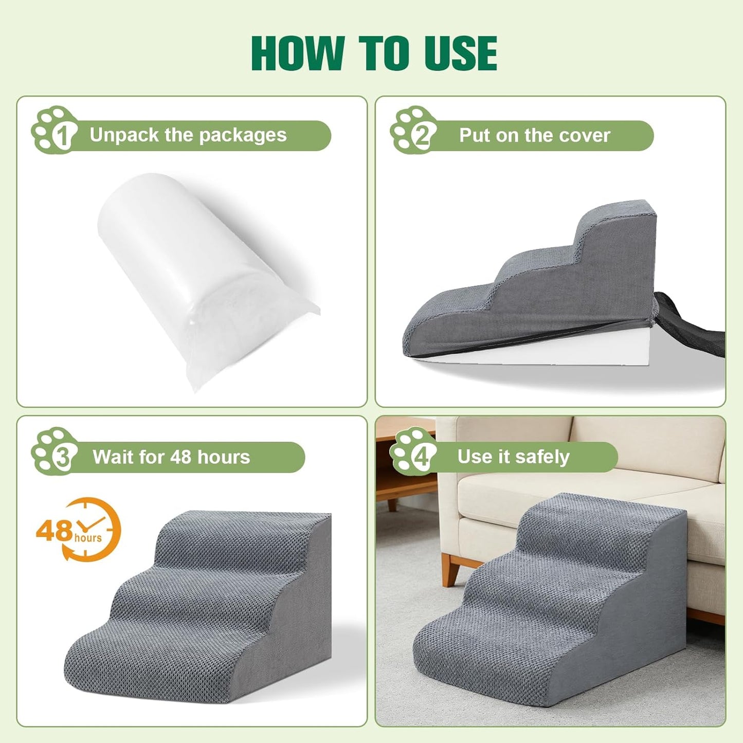 Dog Stairs for Couch, 3 Steps 13.8" H Non-Slip Pet Stair, Balanced Stable Pet Ramp for Small Dogs, Indoor Furniture Step, Gray