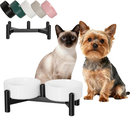 Raised Ceramic Dog Bowl Set - Elevated Double Dishes with Stainless Steel Stand - Food and Water Bowls for Small to Medium Dogs - Each Holds 3.5 Cups (29.57 fl oz) - White