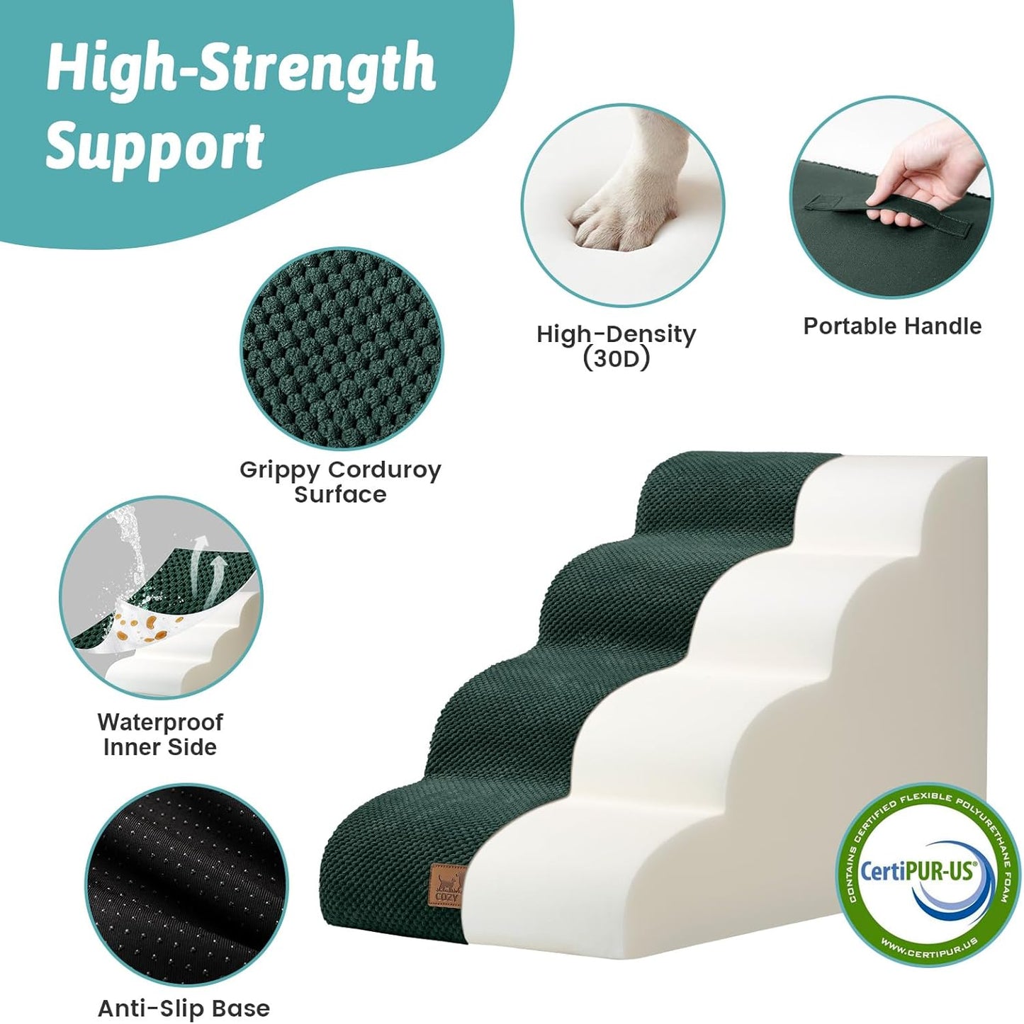 COZY KISS Dog Stairs for Small Dogs 15.7" H, Curved Dog Step for Puppy, Older Cat, Medium Pet Ramp for Sofa, Couch or Chair, Ladder with High Density Foam, 3 Step, 15.7x22.4x15.7 inch, Beige