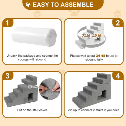 Dog Stairs for Small Dogs, 6-Step Dog Steps for High Bed, High-Density Foam Pet Stairs with Non-Slip Removable Washable Cover to Get on Bed