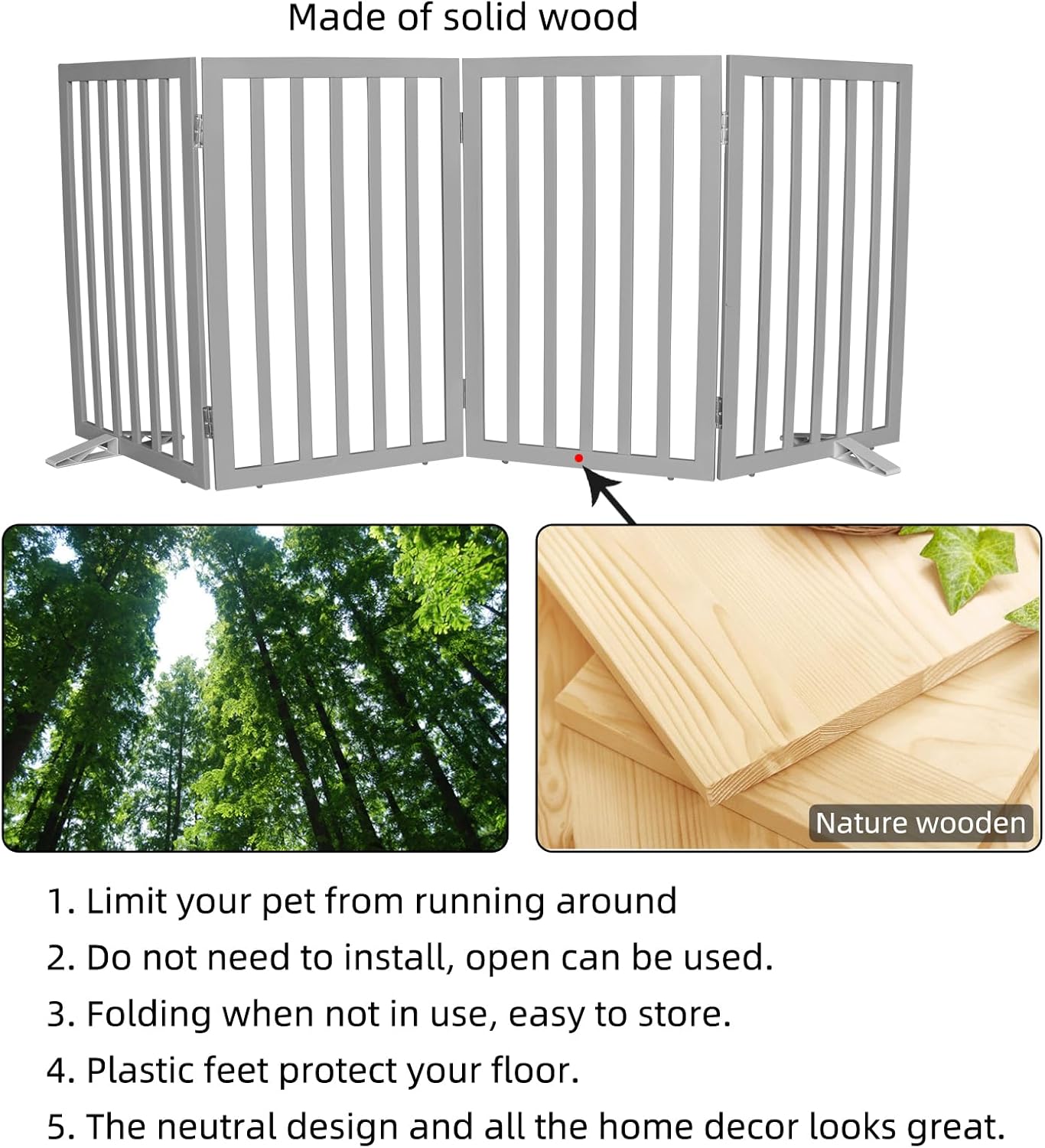ZJSF Freestanding Indoor Dog Gate for House Foldable Wood Puppy Gate for Doorways Pet Gate for Stairs Extra Wide Pet Fence, Brown, 24" Height 3 Panels