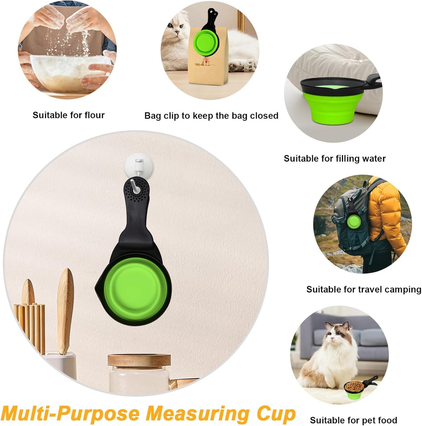 Collapsible Dog Food Scoop Foldable Pet Food Bag Clip 3 in 1 Multi-function Silicone Cat Food Measuring Cup Scoop Dog Food Scooper Pet Food Storage Clip (Green, 1 Cup Capacity(1 Pack))