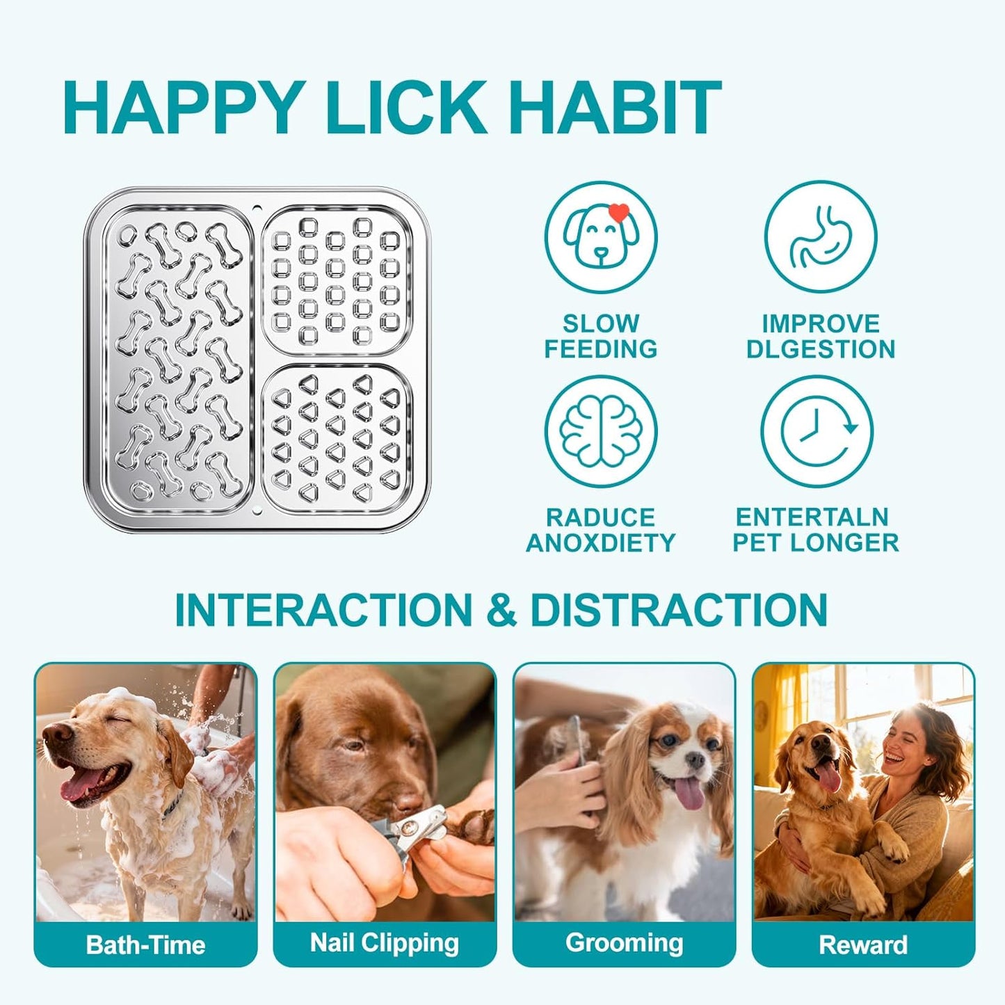 Stainless Steel Lick Mat for Dogs & Cats, Dog Lick Mat with Suction Cups & Crate Mount, Chew-Proof Slow Feeder with 3 Textured Zones for Calm Feeding & Anxiety Relief [1Pack]