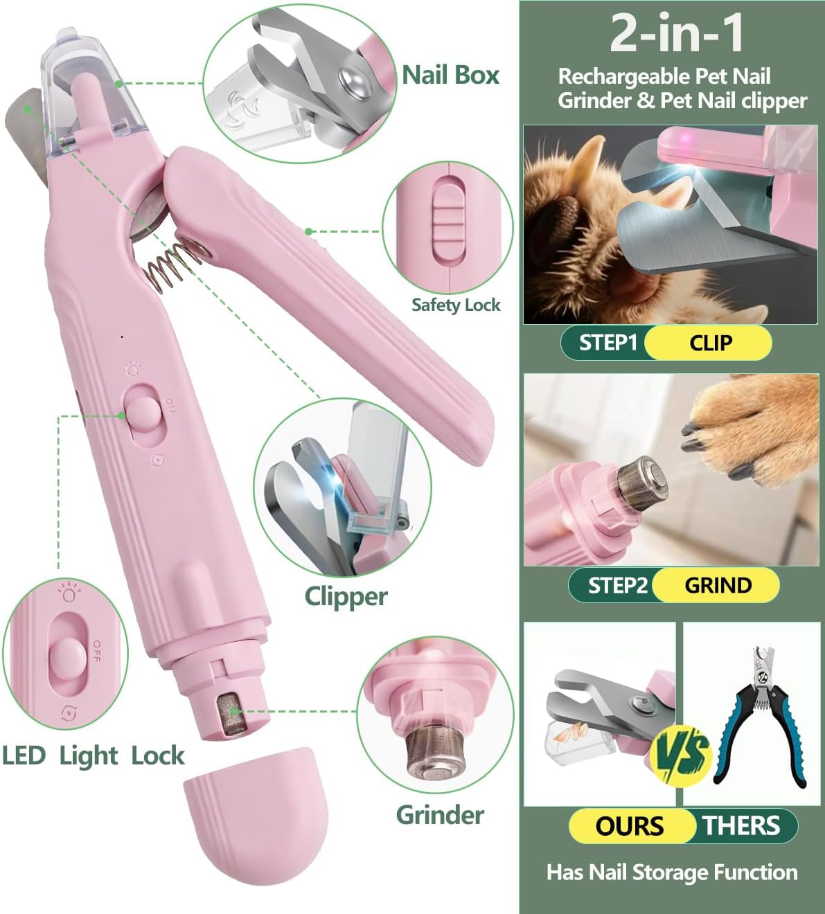 2-in-1 Dog Nail Clipper & Nail Grinder with 2 LED Lights Splash Guard for Large Medium Small Cats Dogs Pets Paw Trimmer Claw Grinders USB Rechargeable White
