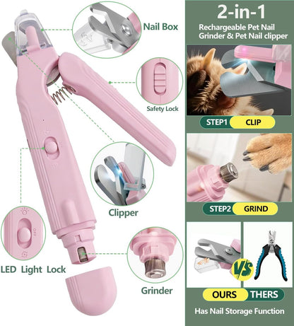 2-in-1 Dog Nail Clipper & Nail Grinder with 2 LED Lights Splash Guard for Large Medium Small Cats Dogs Pets Paw Trimmer Claw Grinders USB Rechargeable White