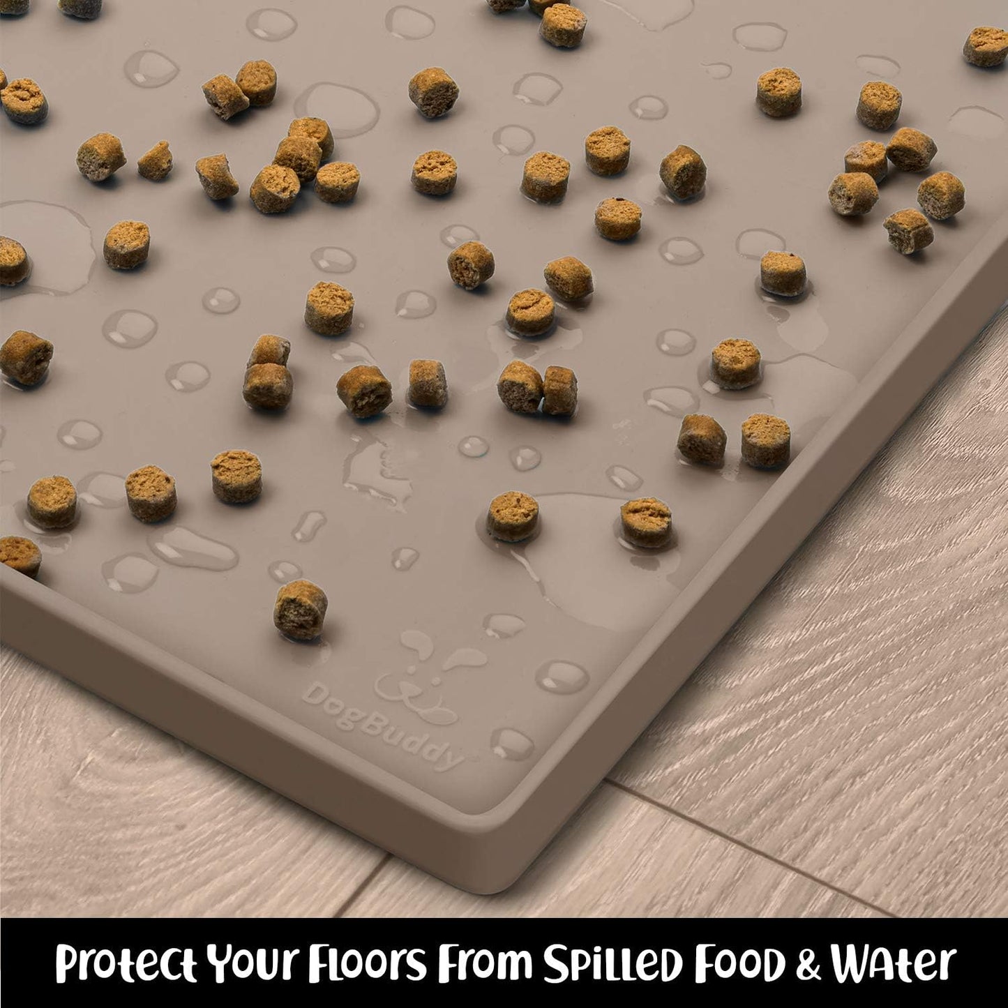 DogBuddy Dog Food Mat – Waterproof Dog Bowl Mat for Food and Water, Silicone Pet Feeding Mats for Floors, Non-Slip Placemat with High Edges for Dogs Bowls, Puppy Essentials (L: 24" x 16", Shadow)