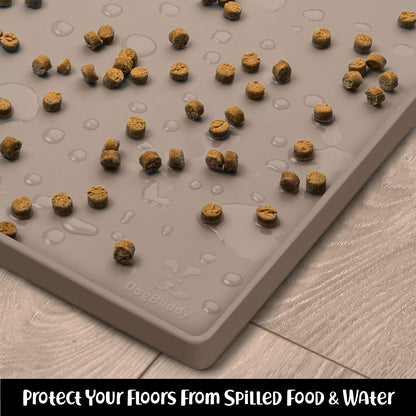 DogBuddy Dog Food Mat – Waterproof Dog Bowl Mat for Food and Water, Silicone Pet Feeding Mats for Floors, Non-Slip Placemat with High Edges for Dogs Bowls, Puppy Essentials (L: 24" x 16", Shadow)