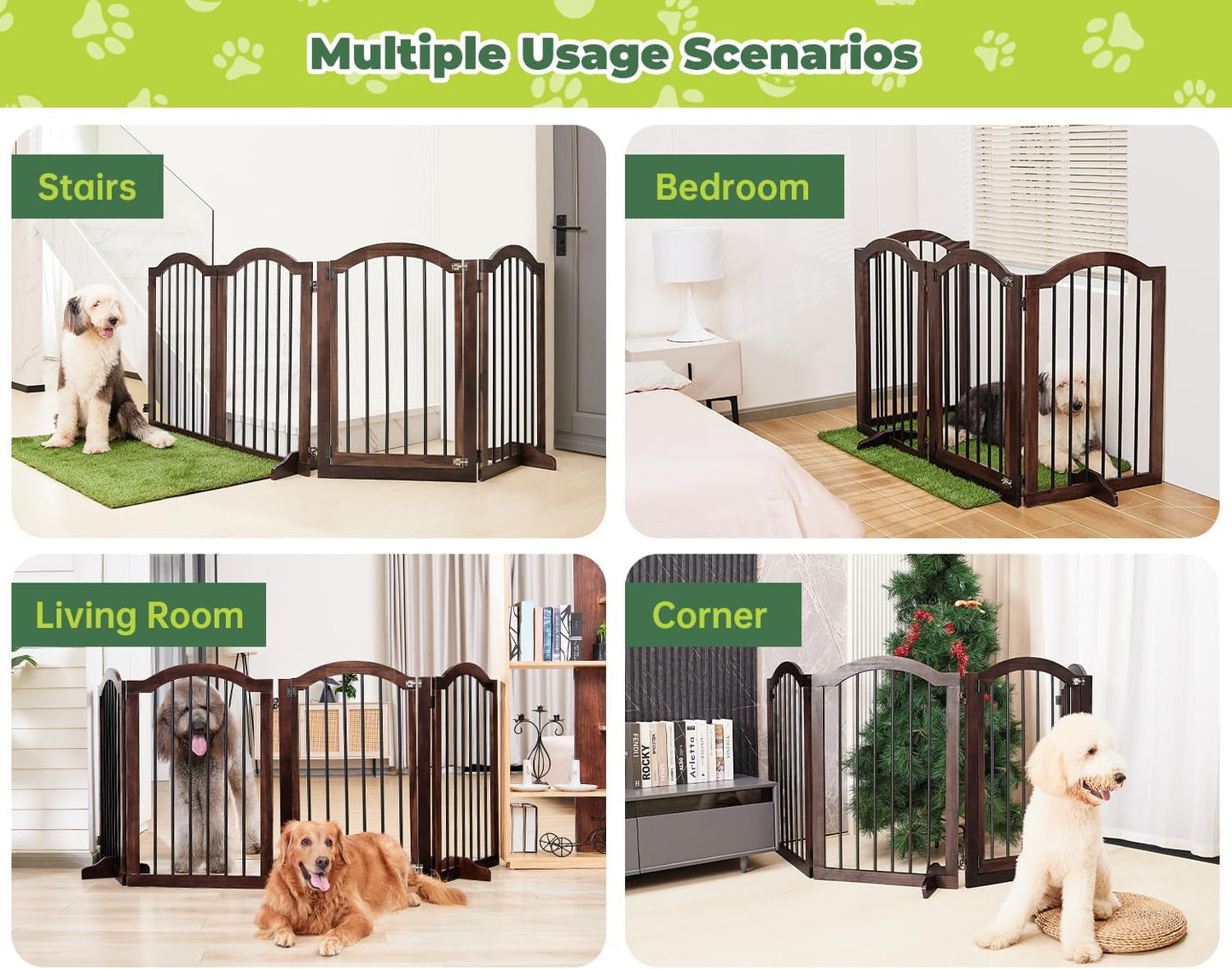PrimeZone 144" Extra Wide Dog Gate - 36" Tall 6-Panel Solid Acacia Wooden Freestanding Puppy Gates with Door, Foldable Indoor Pet Fence for Doorways, Stairs, Support Feet Included, Brown