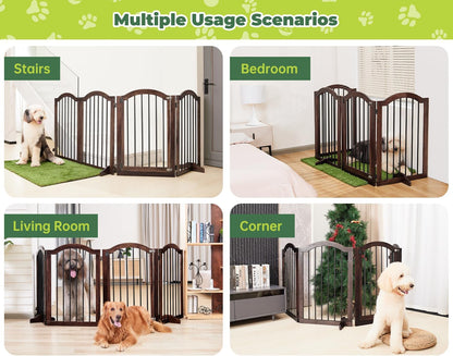 PrimeZone 144" Extra Wide Dog Gate - 36" Tall 6-Panel Solid Acacia Wooden Freestanding Puppy Gates with Door, Foldable Indoor Pet Fence for Doorways, Stairs, Support Feet Included, Brown