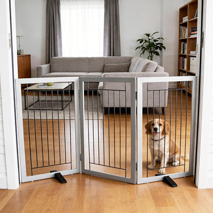 ZJSF Freestanding Dog Gate Indoor, Foldable Dog Fence for Doorways,Hallways or Stairs, Sturdy Wood Extra Wide Pet Gate with Support Feet,Black,24 "Height-3 Panels