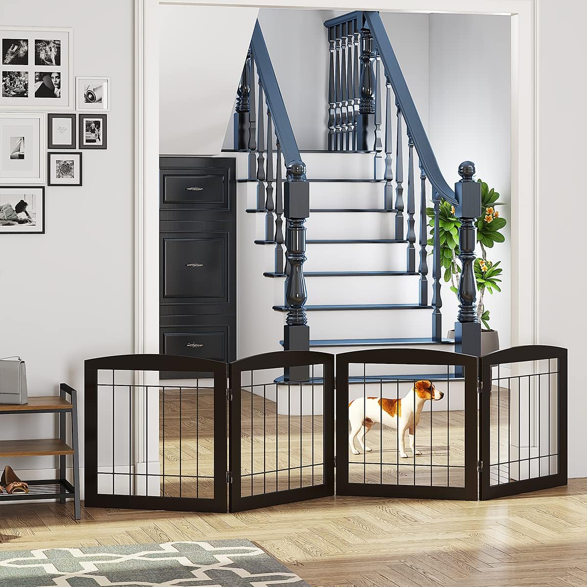 PAWLAND Free Standing Dog Gates for The House Stairs Doorways Indoor Foldable Wooden Small White Puppy Pet Gate Step Over Fence 60" W 24" H 3 Panels