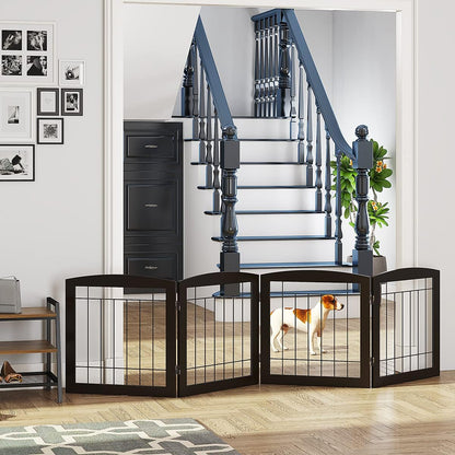 PAWLAND Free Standing Dog Gates for The House Stairs Doorways Indoor Foldable Wooden Small White Puppy Pet Gate Step Over Fence 60" W 24" H 3 Panels