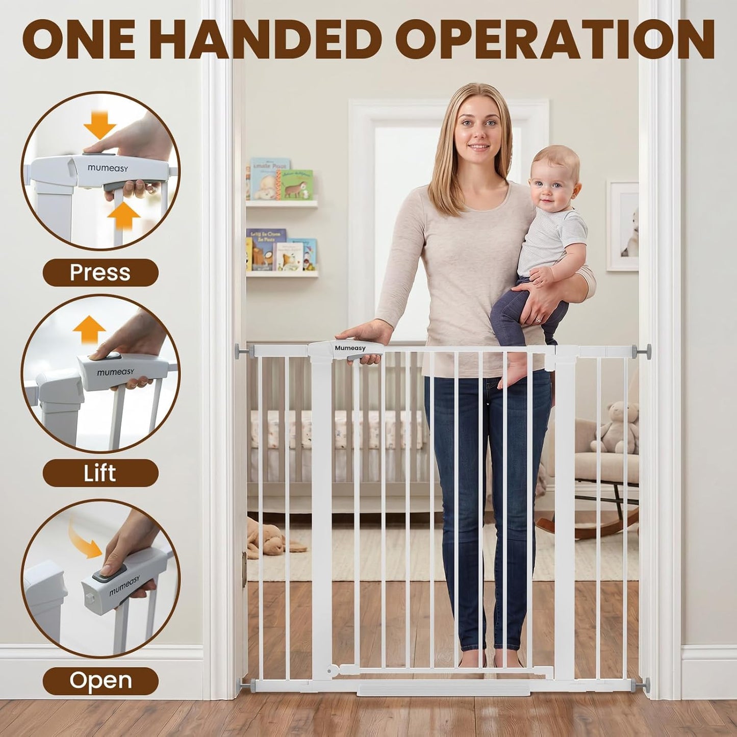 Mumeasy 29.7-46" Baby Gate for Stairs, Pressure Mounted Dog Gate for Doorways, Auto Close Walk Through Pet Gate Indoor, Extra Wide Metal Child Safety Gate, Mom's Choice Awards Winner, Black