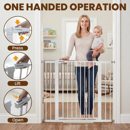Mumeasy 29.7-46" Baby Gate for Stairs, Pressure Mounted Dog Gate for Doorways, Auto Close Walk Through Pet Gate Indoor, Extra Wide Metal Child Safety Gate, Mom's Choice Awards Winner, Black
