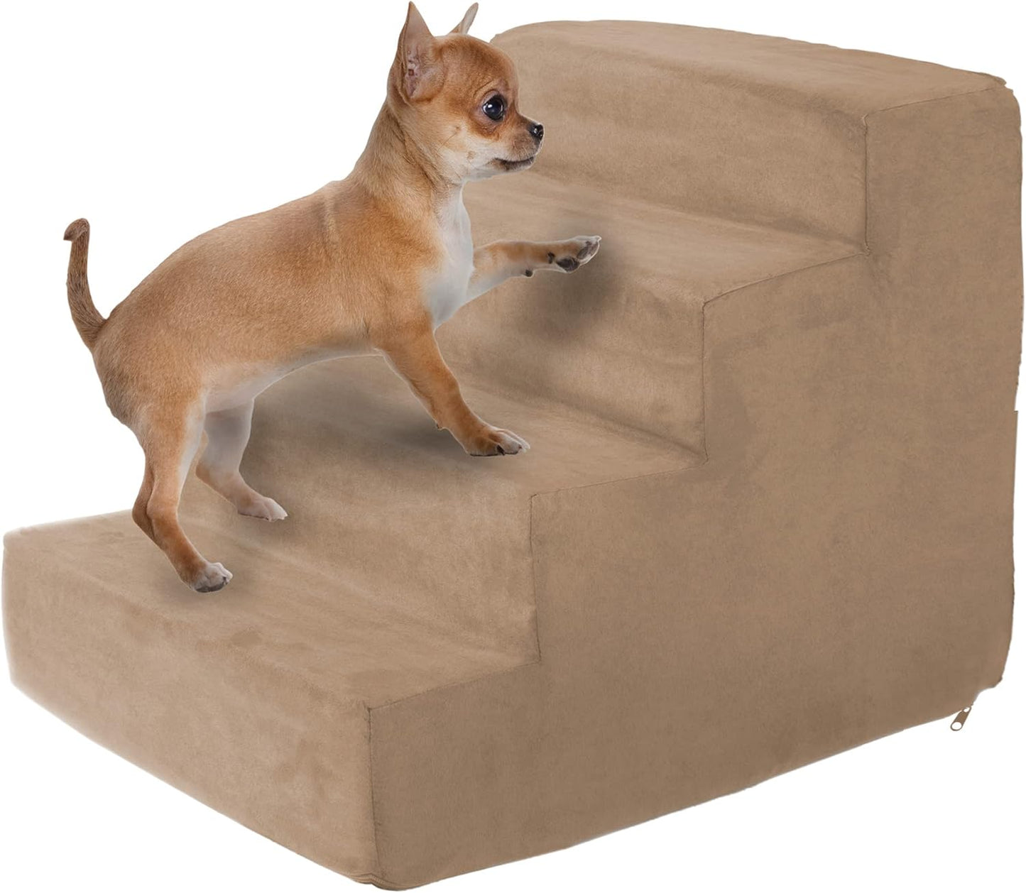 3-Step Pet Stairs - Nonslip Foam Dog and Cat Steps with Removable Zippered Microfiber Cover - 2-Tone Design for Home or Vehicle Use by PETMAKER (Tan)