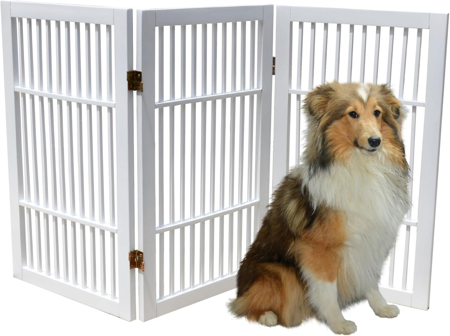 Urnporium Freestanding Wooden Dog Gate for Doorways – Foldable Acacia Wood Pet Gate, No Drill Portable Indoor/Outdoor Puppy Fence Barrier (White Pet Gate, 3 Panel 24" Tall)