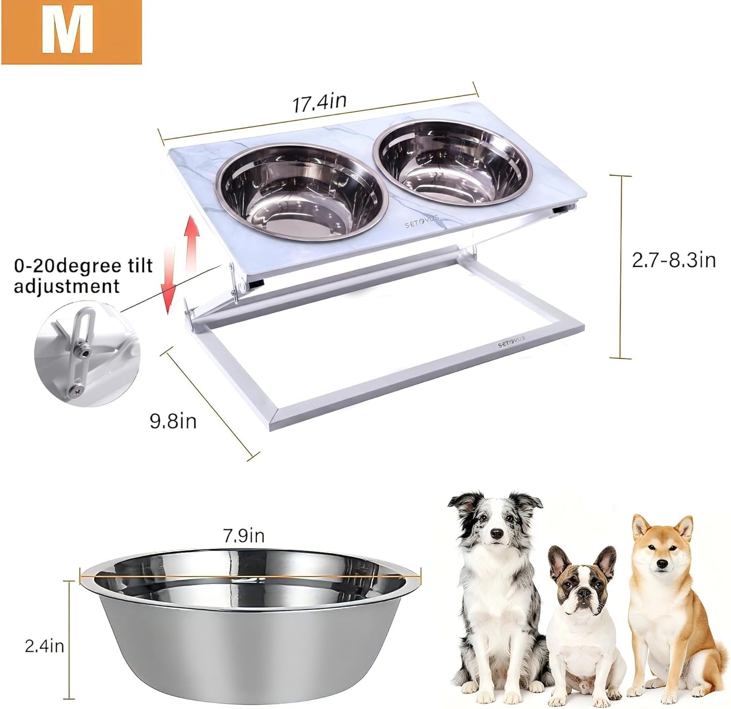 Elevated Dog Bowls, Adjustable Raised Dog Bowl Stand with 2 Stainless Steel Food Bowls 20°Tilted Water Bowls for Medium Small Sized Dogs (Black, Medium)