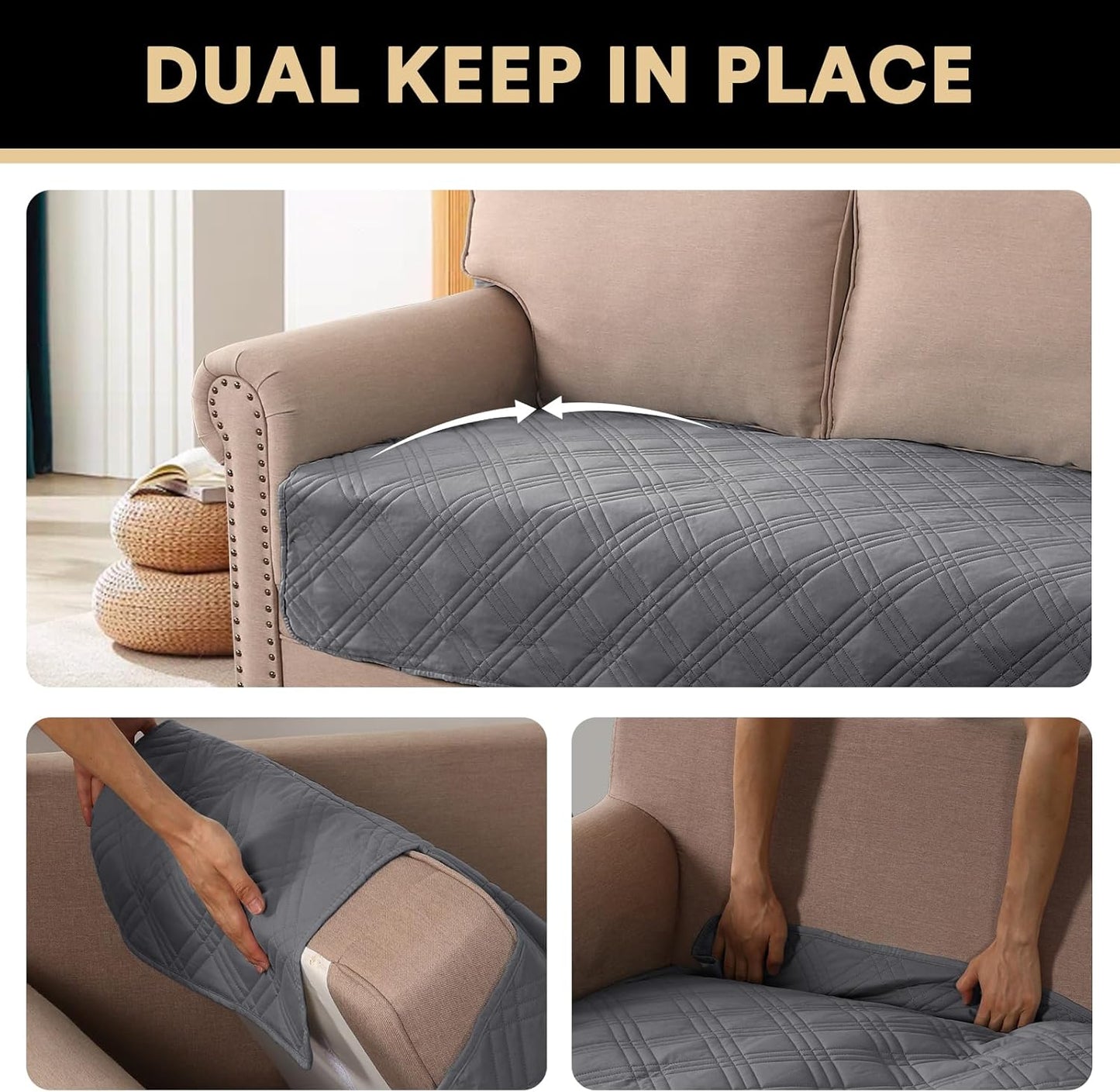 PrinceDeco 100% Waterproof Couch Cover for 3 Cushion Couch Sofa Pet Friendly Non-Slip Couch Cover for Dogs Washable Water Resistant Furniture Protector with Elastic Straps(Sofa 68", French Oak)