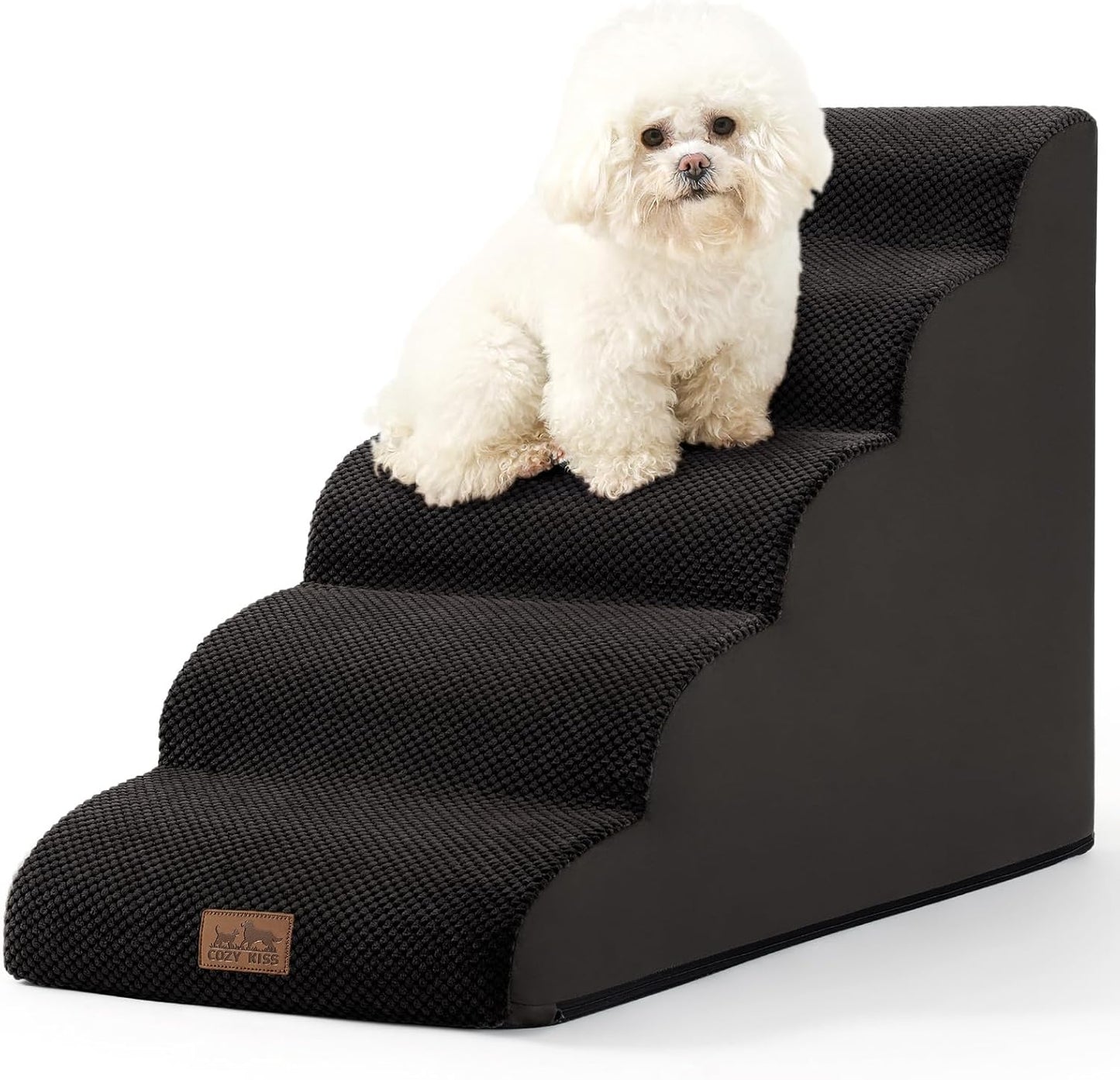 COZY KISS Dog Stairs for Small Dogs 15.7" H, Curved Dog Step for Puppy, Older Cat, Medium Pet Ramp for Sofa, Couch or Chair, Ladder with High Density Foam, 3 Step, 15.7x22.4x15.7 inch, Beige