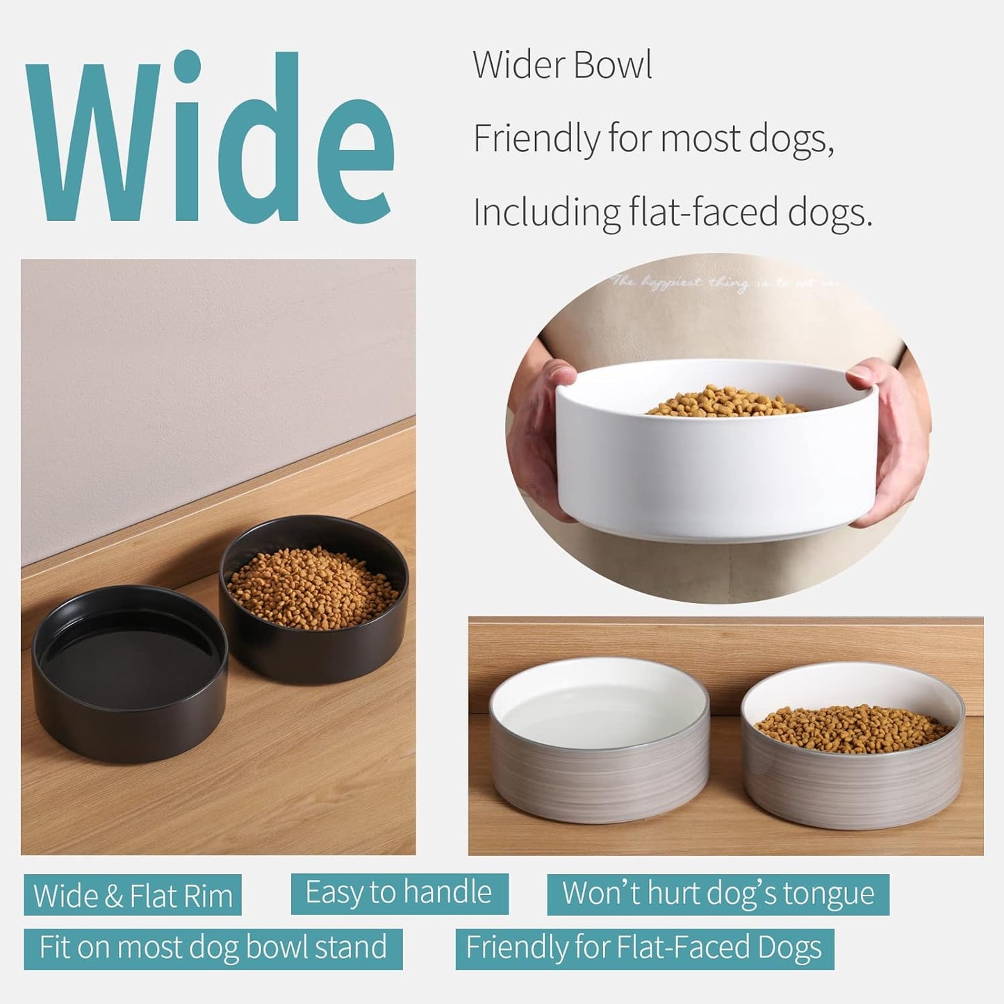 Black Elevated/Raised Dog Bowl Ceramic with Wood Stand for Medium Large Breed,Dog Food Water Dish Heavy Weighted,8 in Non Slip Modern Cute Porcelain Pet Bowl Extra Large