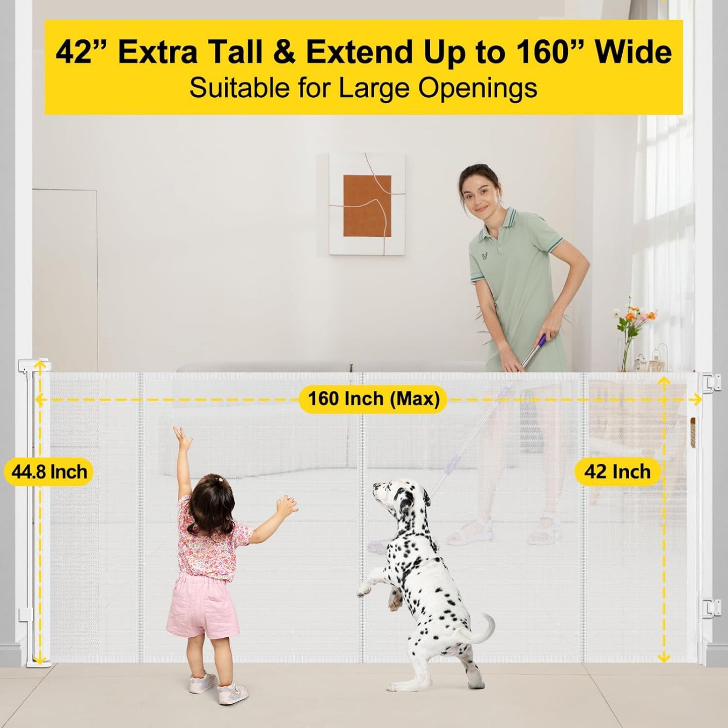 Reinforced 42” Extra Tall Retractable Baby Gates with Rods, Extends up to 60” Wide, Tall Retractable Dog Gate for Doorways Prevent Crawling Through Mesh Pet Gate Indoor Outdoor, Black