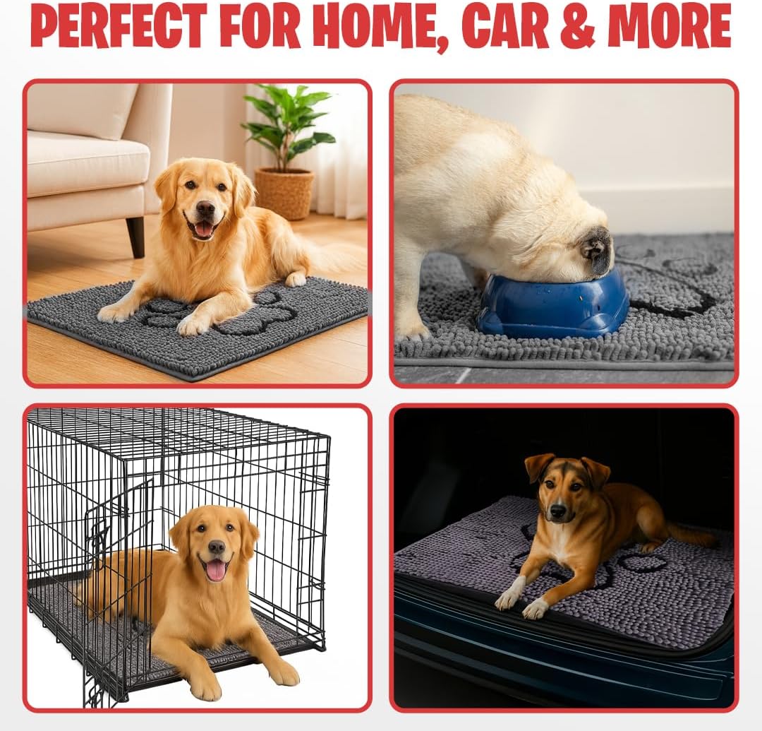 MUDGUARD MAT™ Dog Door Mat with Paw Design for Muddy Paws, Super Absorbent Microfiber, Non-Slip Indoor Mat, Quick-Dry Chenille Rug for Pets & Entryway, Machine Washable, Grey 16" x 24"