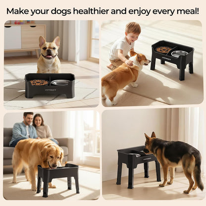 URPOWER 3-in-1 Elevated Dog Bowls - Mess Proof Double Deck 4 Height Adjustable Raised Stand with 2 Stainless Steel Food Bowls & Licking Plate for Small, Medium & Large Dogs