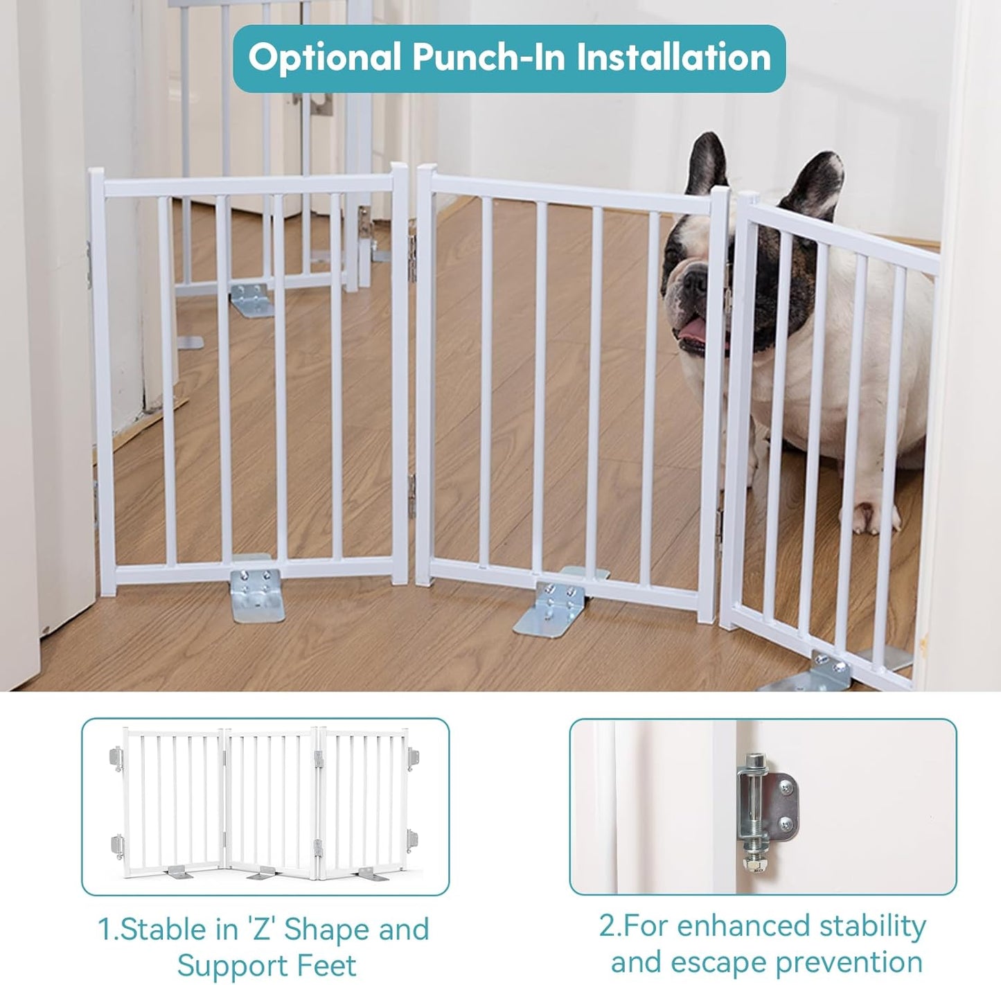 No Pawblems Free Standing Short Dog Gate, 16.5'' Tall Foldable Dog Fence for Indoor & Outdoor, Up to 72 Inch Extra Wide Puppy Gate for Stairs, Hallways, Doorways, Deck, Yard (White, 6 Panels)