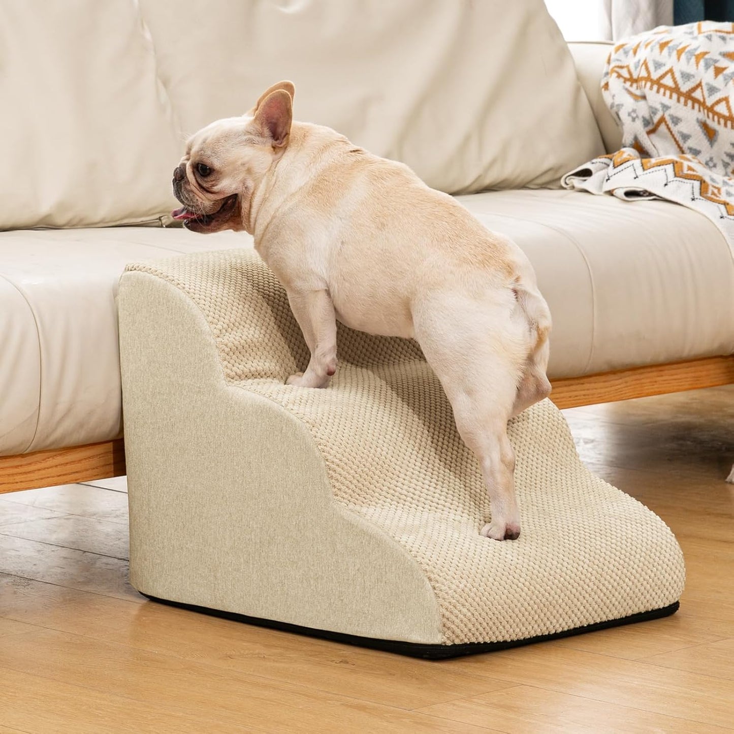 Aodisman Dog Ramp and Stairs for Small Dogs & Cats,3-Step Pet Stairs for Couch Sofa and Chair,Indoor Anti-Slip Dog Stairs for Old Cats and Puppy,Beige
