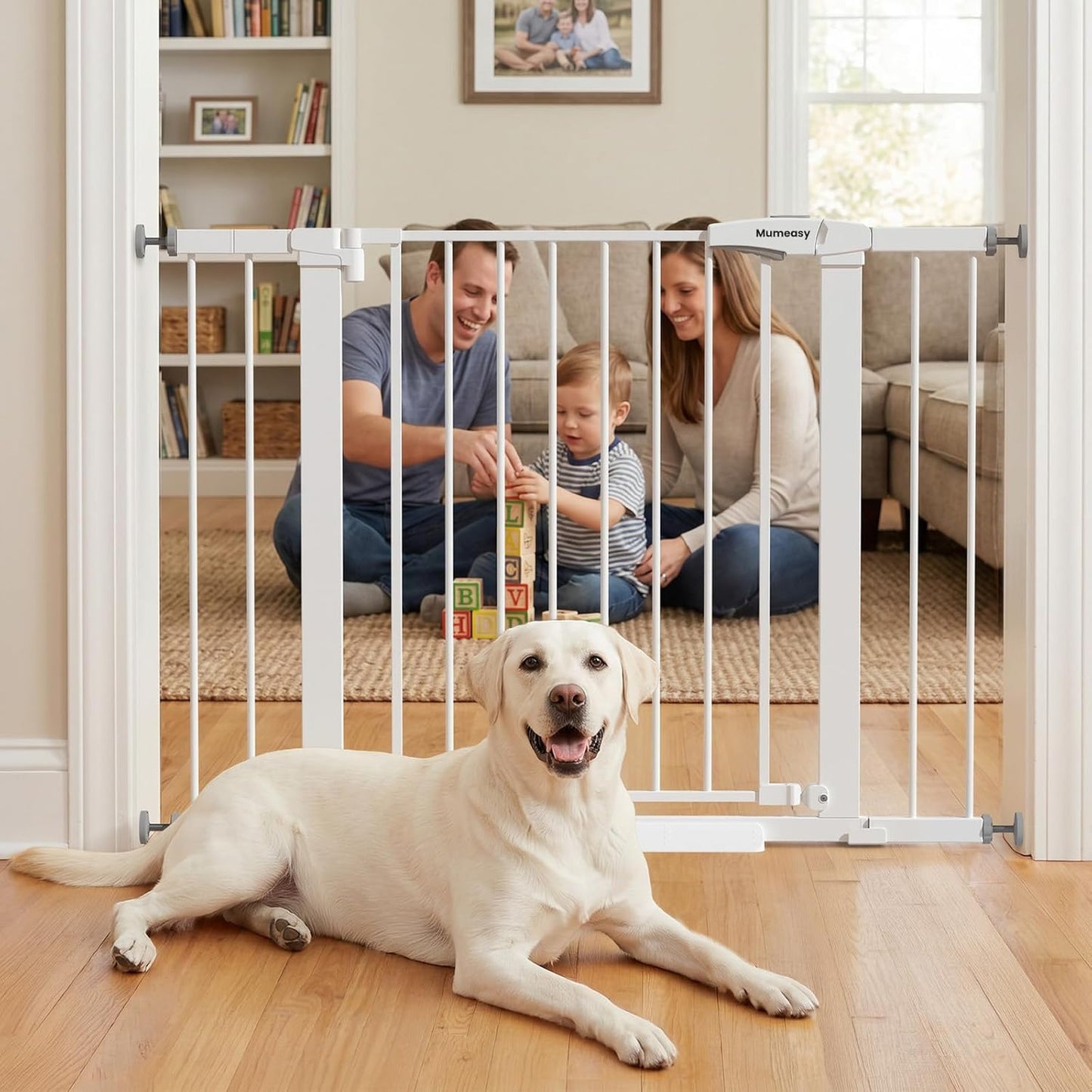 Mumeasy 29.7-46" Baby Gate for Stairs, Pressure Mounted Dog Gate for Doorways, Auto Close Walk Through Pet Gate Indoor, Extra Wide Metal Child Safety Gate, Mom's Choice Awards Winner, Black