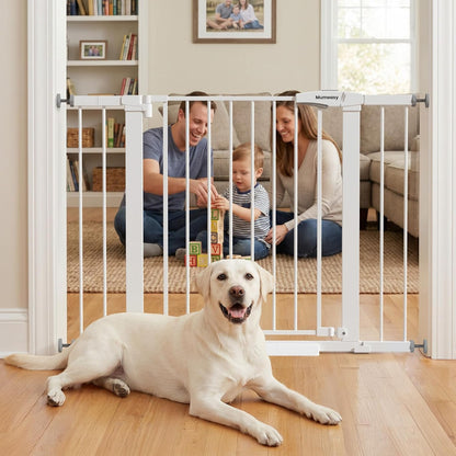 Mumeasy 29.7-46" Baby Gate for Stairs, Pressure Mounted Dog Gate for Doorways, Auto Close Walk Through Pet Gate Indoor, Extra Wide Metal Child Safety Gate, Mom's Choice Awards Winner, Black