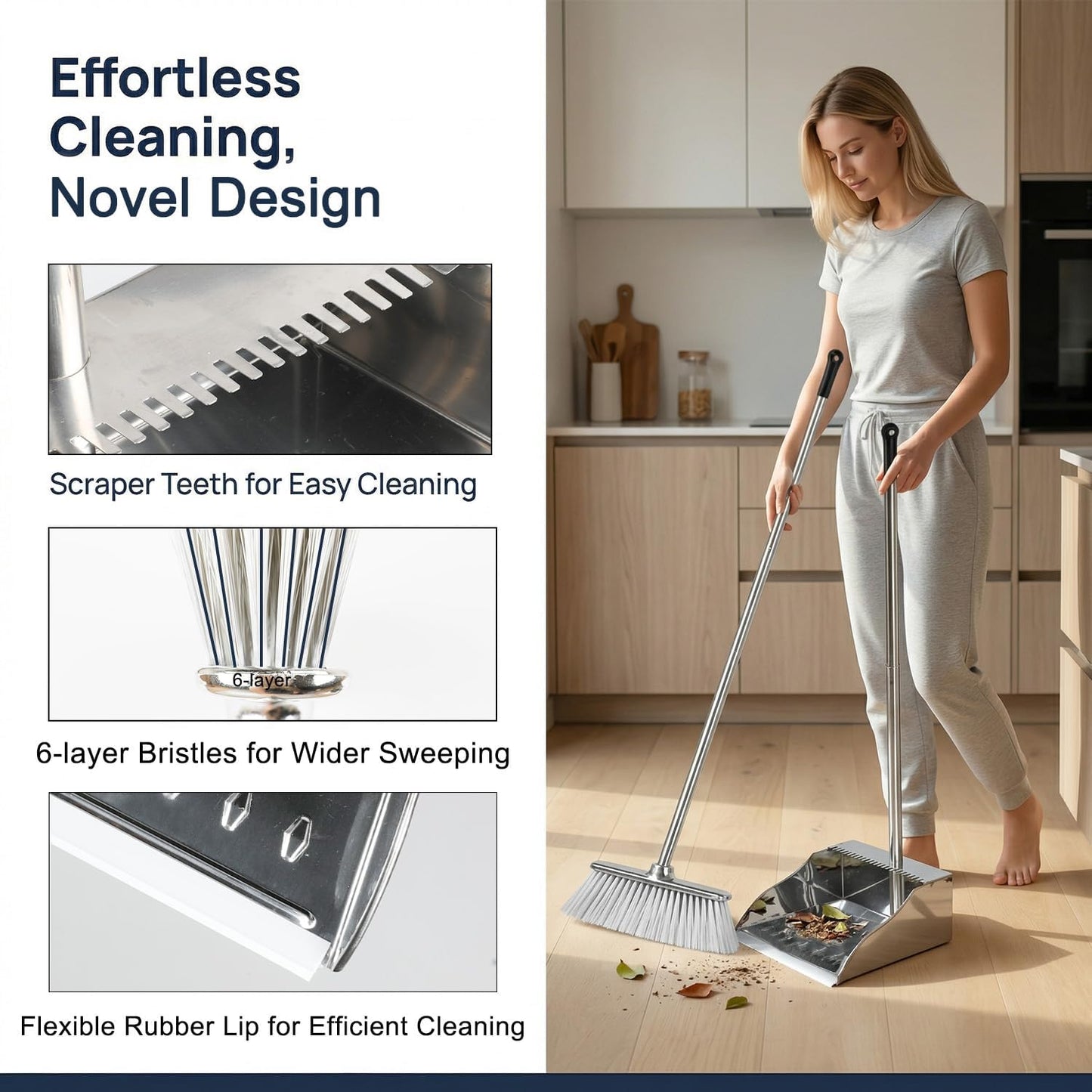 Indoor Soft Bristles Angle Sweeping Broom with Long Handle for Kitchen Hardwood Floor Cleaning