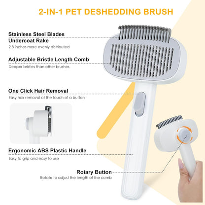 2-IN-1 Pet Self-Deshedding and Grooming Brush, Dogs and Cats Brush with Undercoat Rake & Adjustable Bristle Length Comb, One-Click Hair Removal for Matted Fur Tangles Removal Long and Short Hair Pets