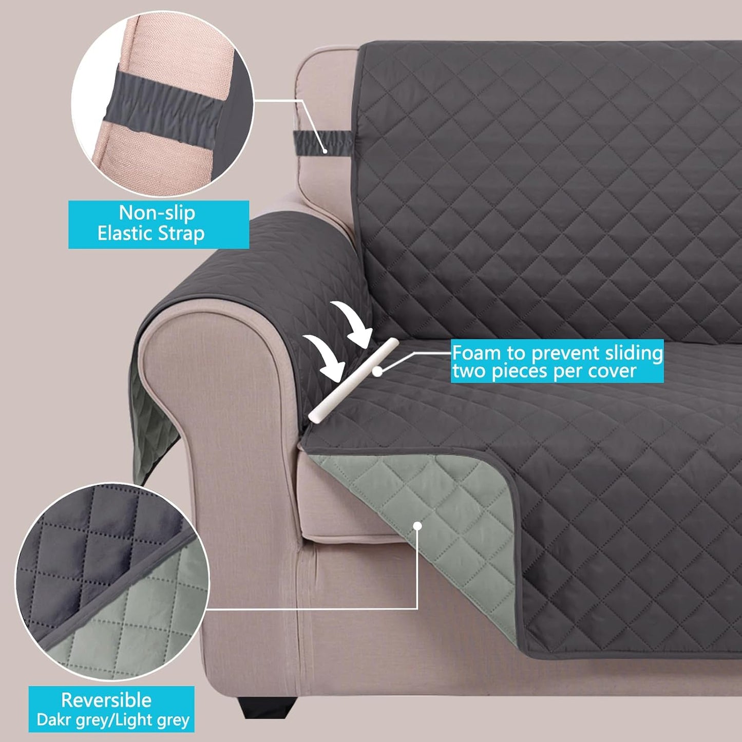 U-NICE HOME Reversible Sofa Cover Washable Couch Cover for Dogs Friendly with Elastic Straps Water Repellent Furniture Protector for 3 Cushion Couch (Sofa, Coffee/Beige) - Colors B