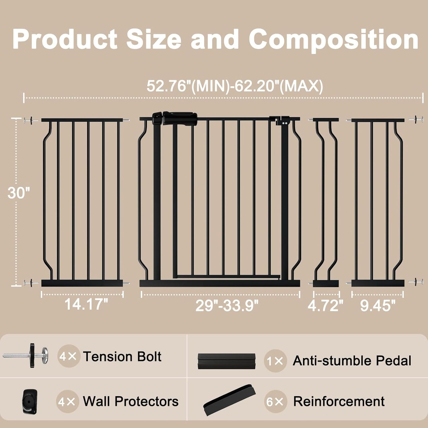 WAOWAO Baby Gate 71.65-85.03" Extra Wide Pressure Mounted Walk Through Swing Auto Close Safety Metal Black Toddler Kids Child Dog Pet Puppy for Stairs,Doorways,Kitchen
