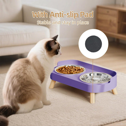 Elevated Cat Bowl, Raised Cat Food and Water Bowl Set for Indoor Cats, Splash Proof with 2 Stainless Steel Pet Food Bowls for Cats and Puppies, Whisker Fatigue and Dishwasher Safe - White