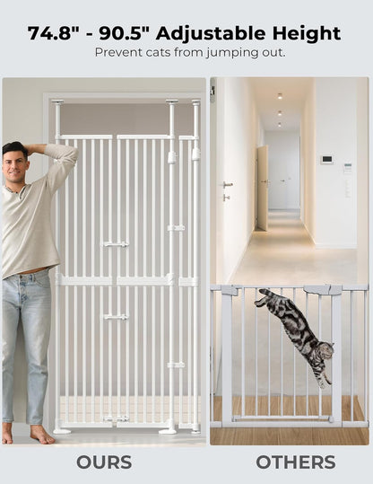 Extra Tall Cate Gate for Doorway: Pressure Mount 74.8"-90.5" Tall Cat Gate for Pets in Extra 30.3"-47.2" Width No Wall Drilling No Toddler for Indoor Stairs Hallway Room Safety Barrier