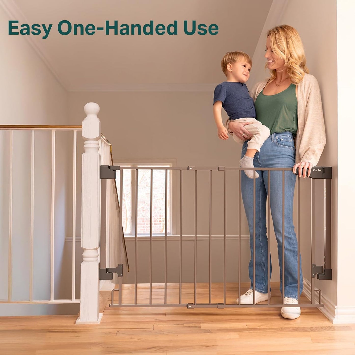 Cumbor 29.2–43" Baby Gate for Stairs, Hardware Mounted (Drill Required), Expandable No Bottom Bar Dog Gate, Auto Close Extra Wide Walk Thru, Pet & Toddler Proof Gate, Top & Bottom of Stairways(Black)