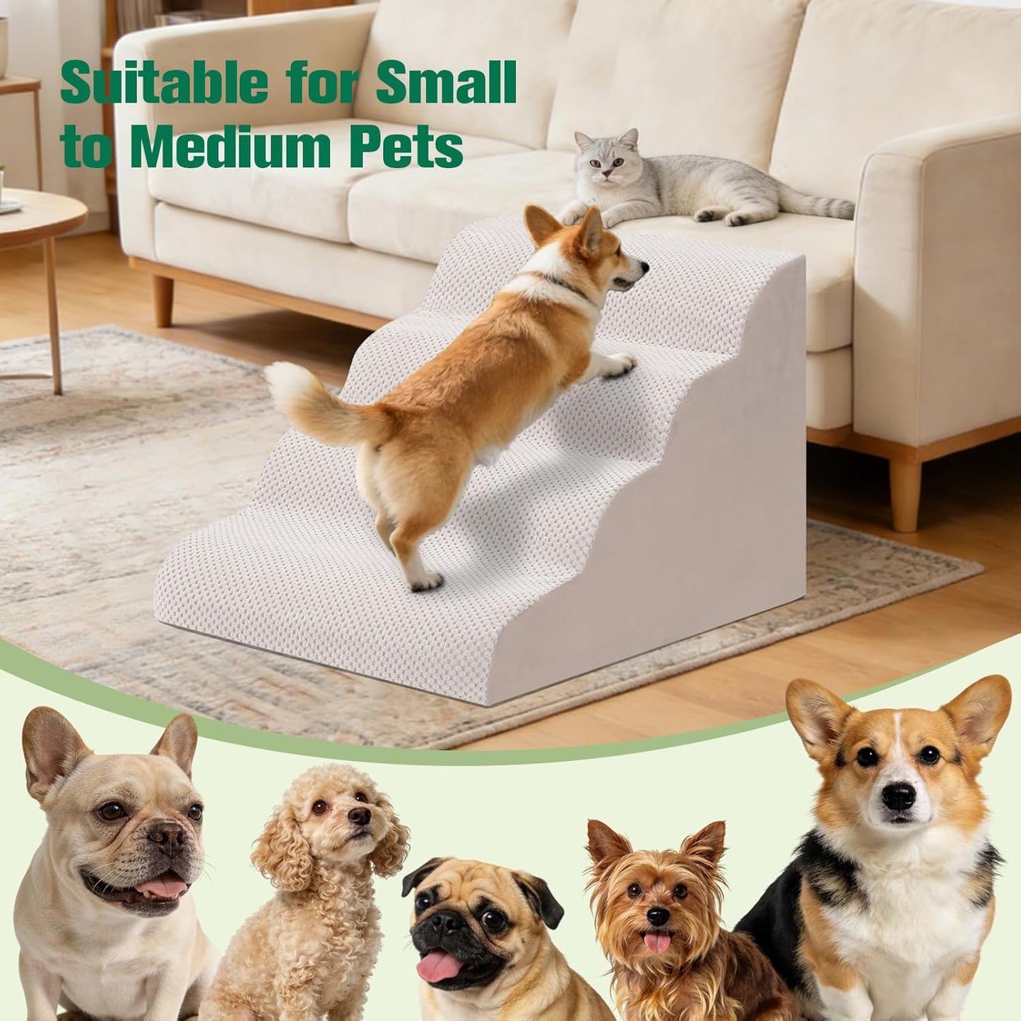 Dog Stairs for Couch, 3 Steps 13.8" H Non-Slip Pet Stair, Balanced Stable Pet Ramp for Small Dogs, Indoor Furniture Step, Gray