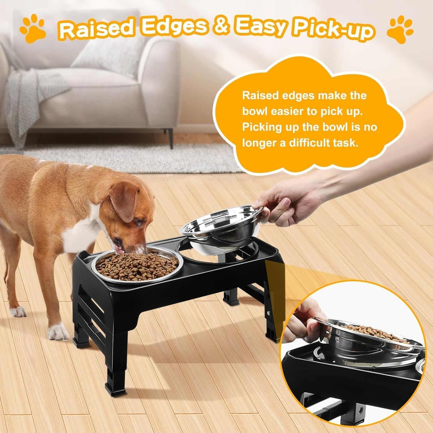 COMESOON Elevated Dog Bowls, 4 Height Adjustable Raised Bowl Stand with 2 Thick 50oz Stainless Steel Food Bowls Non-Slip Feeder Adjusts to 3.7'', 9.2'', 10.75'', 12.36'' Black, (DB-W01)