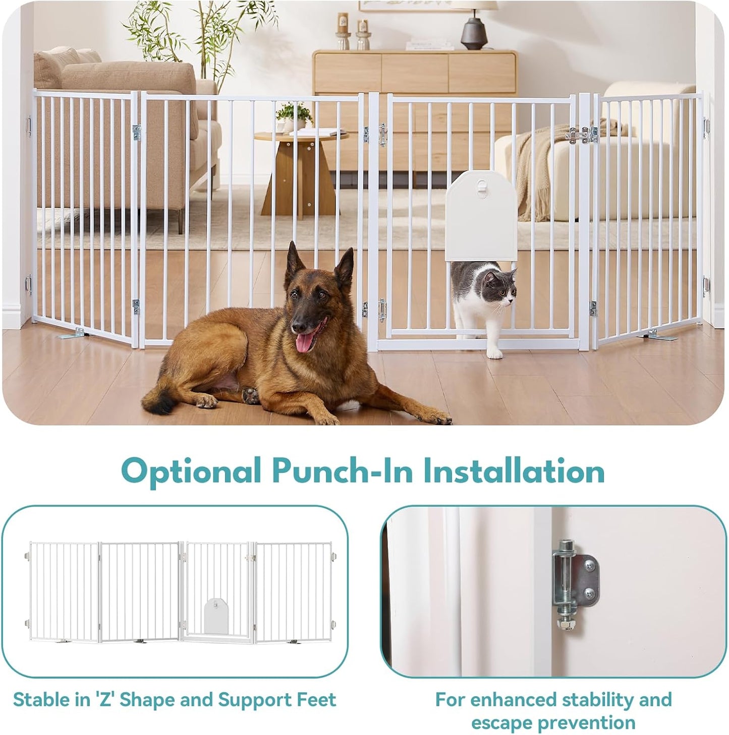 No Pawblems Dog Gate with Cat Door, Free Standing 30'' Tall Foldable Dog Fence for Indoor & Outdoor, Up to 156 Inch Extra Wide Puppy Gate for Stairs, Hallways, Doorways, Deck, Yard (Black, 6 Panels)