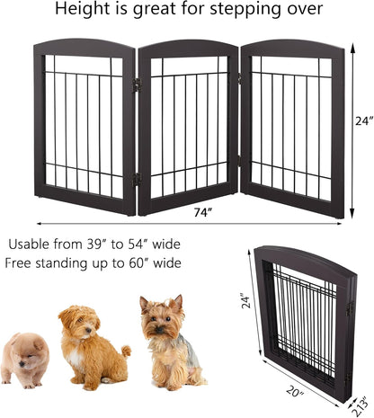 PAWLAND Free Standing Dog Gates for The House Stairs Doorways Indoor Foldable Wooden Small White Puppy Pet Gate Step Over Fence 60" W 24" H 3 Panels