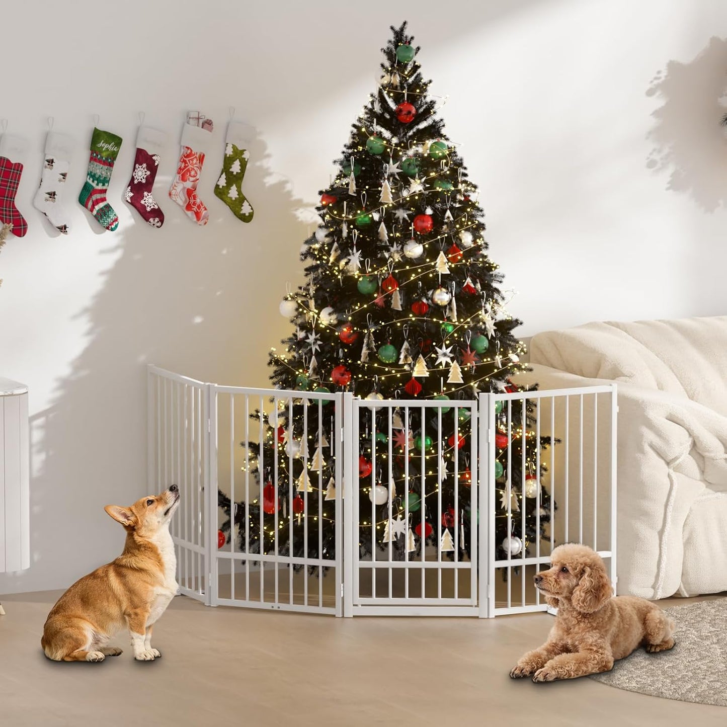 SNUOWU Full Metal Freestanding Dog Gate with Door, 32''Height Foldable Pet Dog Fence for Indoor & Outdoor, 4 Panels Extra Wide Free Standing TallDog Gates for Doorways,House,Stairs,Porch,Deck,Yard